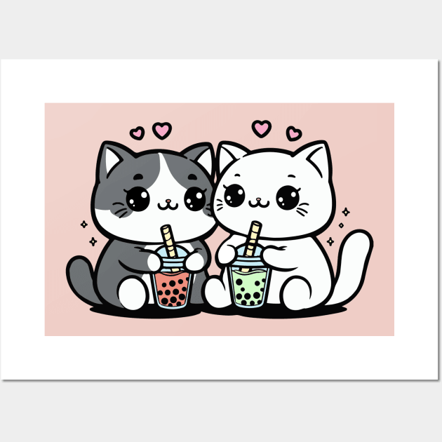 Cute Cats With Boba Tea Wall Art by KittenMe Designs